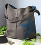 Denim Shoulder Tote Hobo - Large Shoulder Tote Bag with Teal Leather Star Motif