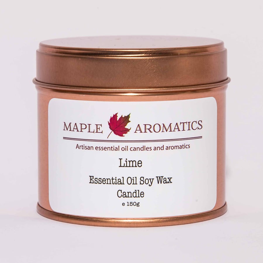 Maple Aromatics Lime Essential Oil and Soy Wax Rose Gold 150g Candle Tin