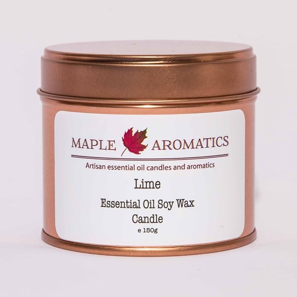 Maple Aromatics Lime Essential Oil and Soy Wax Rose Gold 150g Candle Tin