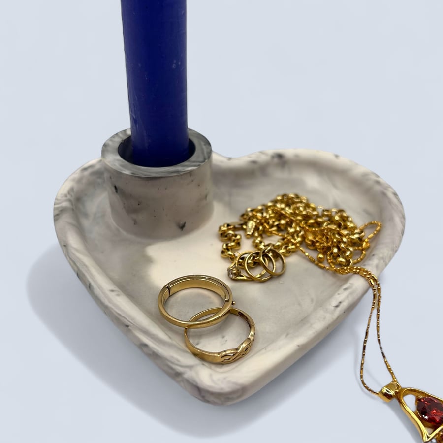 Smoky Grey Heart Shaped Candlestick with Trinket Dish for Taper Candle