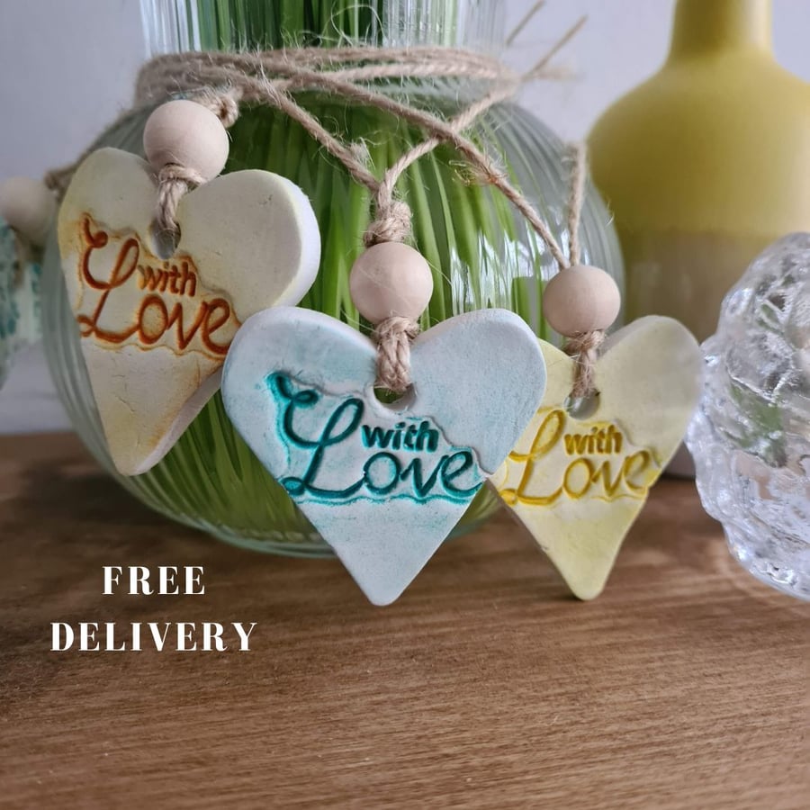 Love heart clay hanging decoration anniversary valentines 3 colours