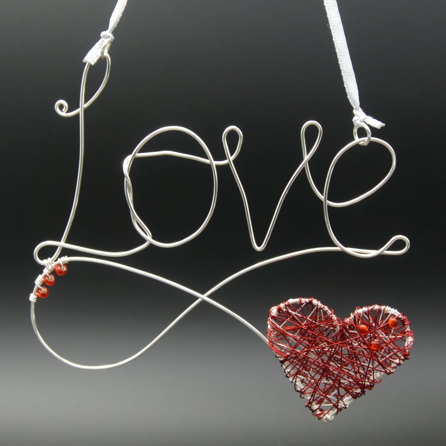 Wire word - Love with red wire wrapped heart - hanging decoration