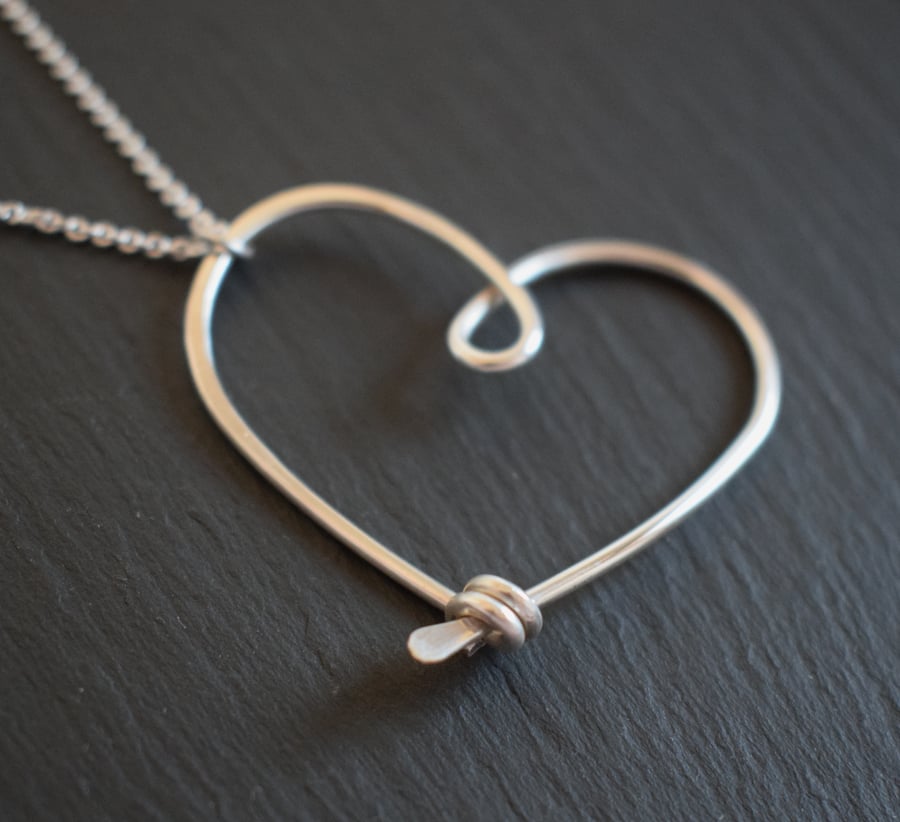Silver Heart Pendant - 'LOVE TOKEN', Wire Heart