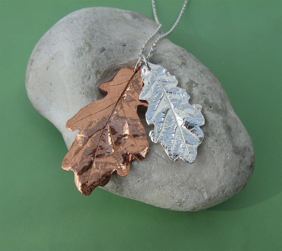 Autumn oak leaf necklace in silver and copper