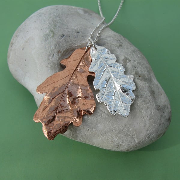 Autumn oak leaf necklace in silver and copper