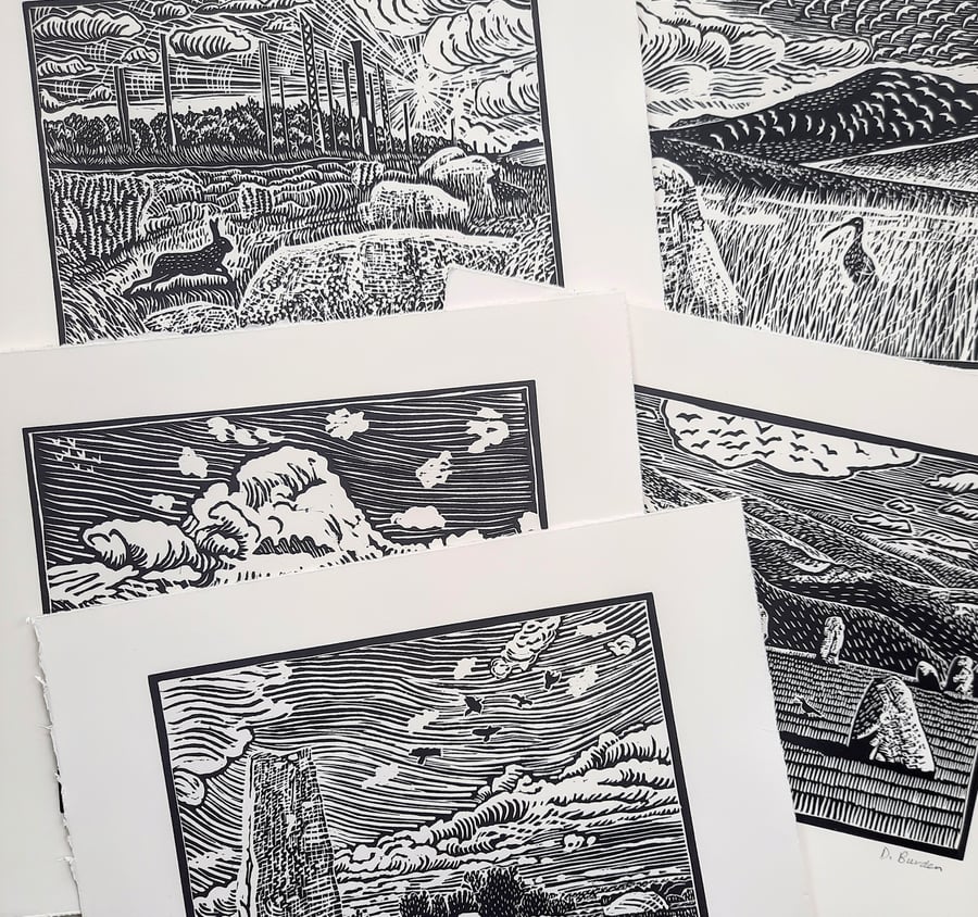 Five limited edition handprinted linoprints of Cumbria 