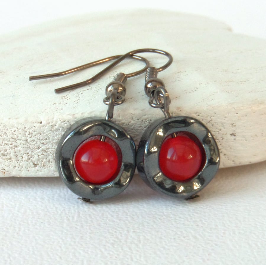 Hematite earrings with red jade, ideal gift for sister or best friend