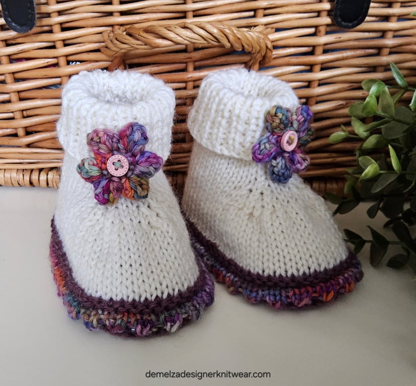 Designer 90% & 75% Merino Wool Baby Girl's Flower Booties 6-12 months size