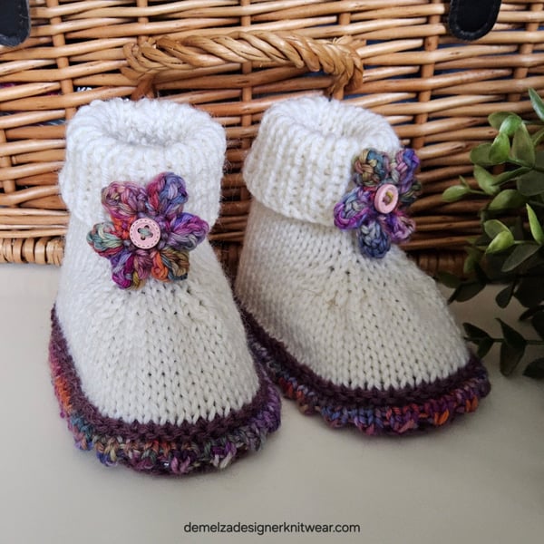 Designer 90% & 75% Merino Wool Baby Girl's Flower Booties 6-12 months size