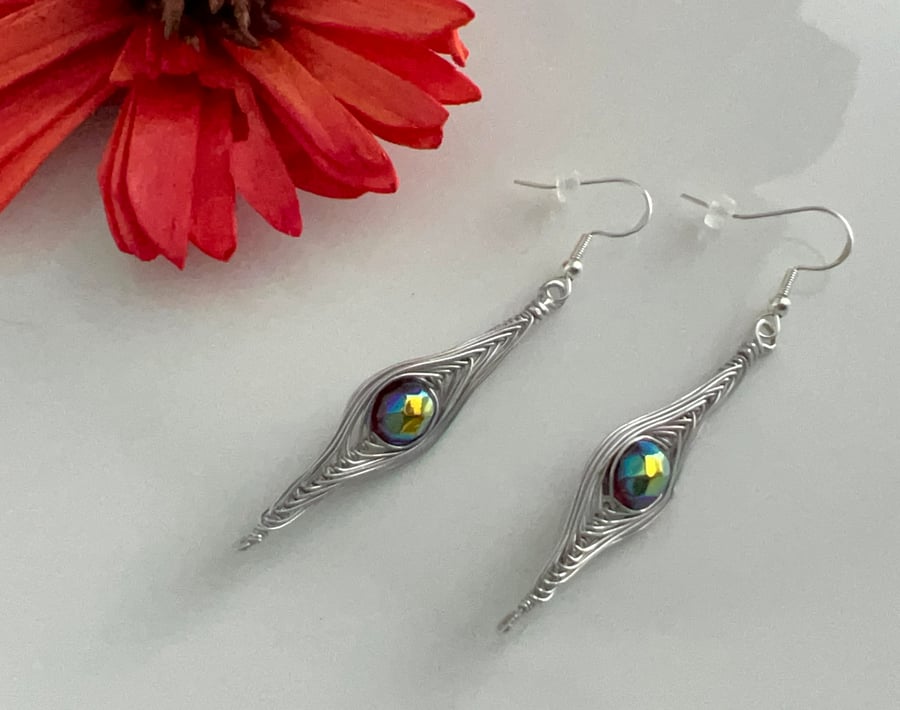 Herringbone Wire Wrapped Earrings in Aluminium Wire with Dark Red Lustre Beads