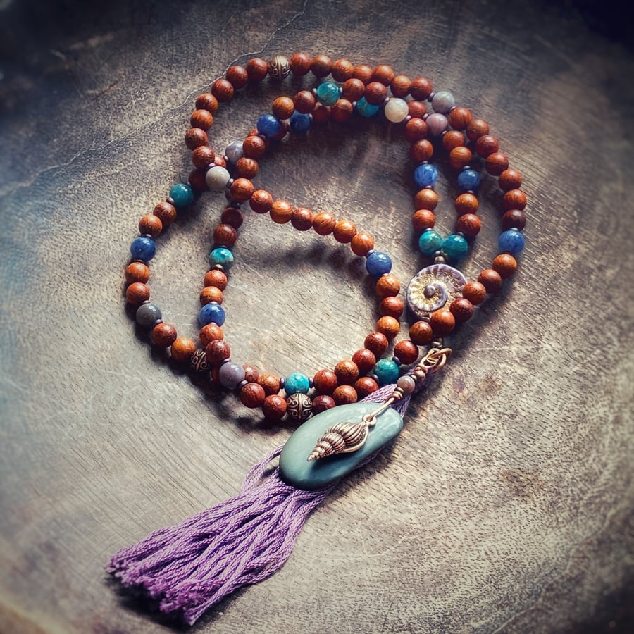 Rosewood, Apatite, Agate, And Blue Aventurine Mala Necklace