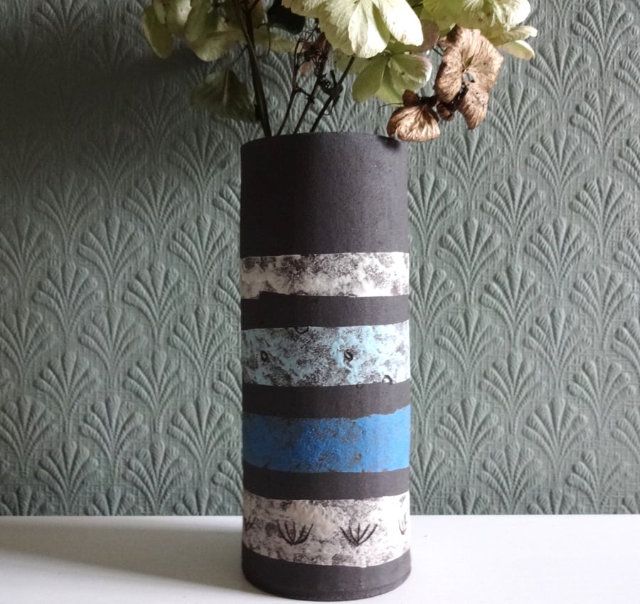 Ceramic vase abstract design, handmade.  Blue theme, seeds & grass decoration.
