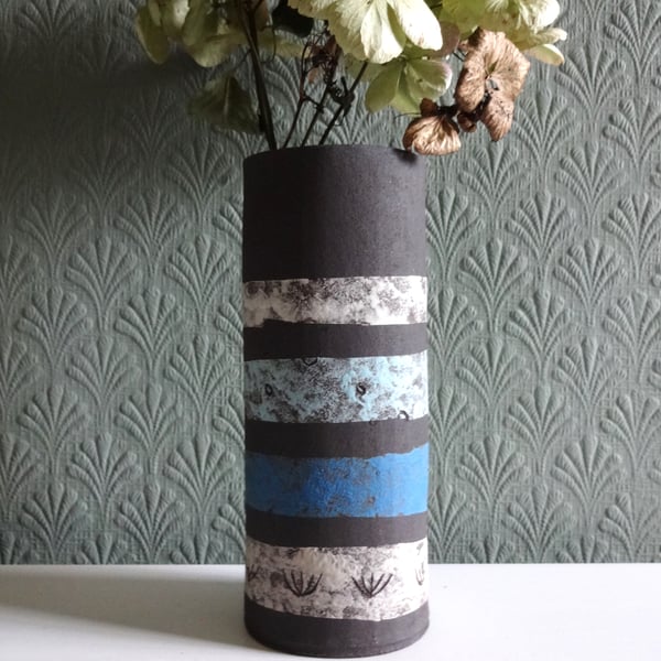 Ceramic vase abstract design, handmade.  Blue theme, seeds & grass decoration.