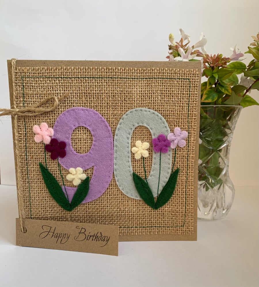 Handmade 90th Birthday Card. Keepsake Card. Textile card.