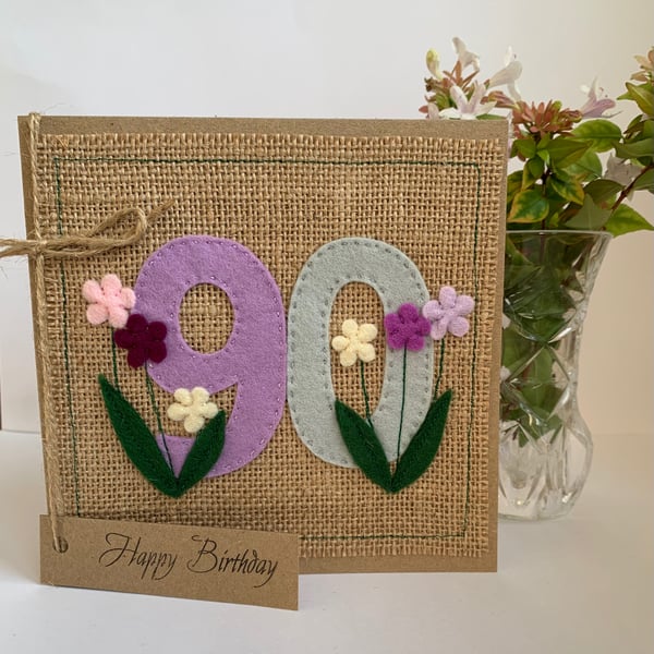 Handmade 90th Birthday Card. Keepsake Card. Textile card.