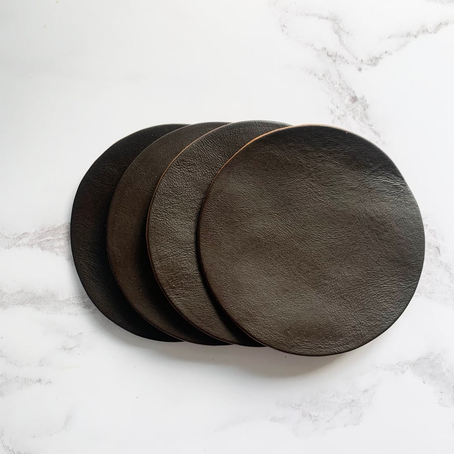 Blank Chocolate Brown Leather Circle Coasters, Handmade Real Leather Coaster Set