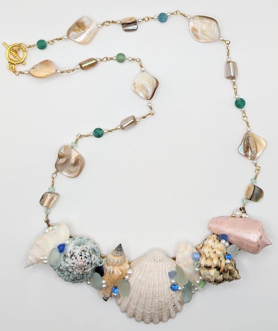 Seaglass seashell statement necklace