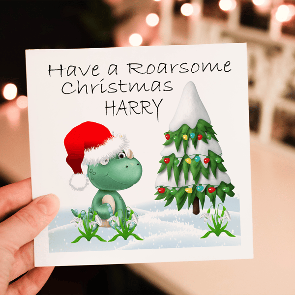 Dinosaur Christmas Card, Cute Dinosaur Christmas Card, Personalized Card