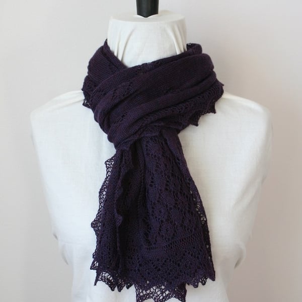 Hand Knitted Purple Merino Wool Scarf