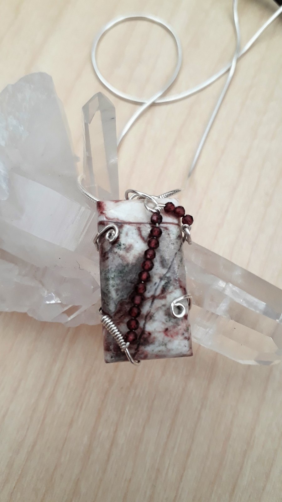 Ocean Jasper Pendant Wire Wrapped in Sterling Silver with Garnets