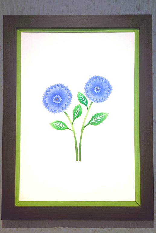 Genuine Made in UK Framed A3 Print of Blue Dahlia Light Green Border Wallart