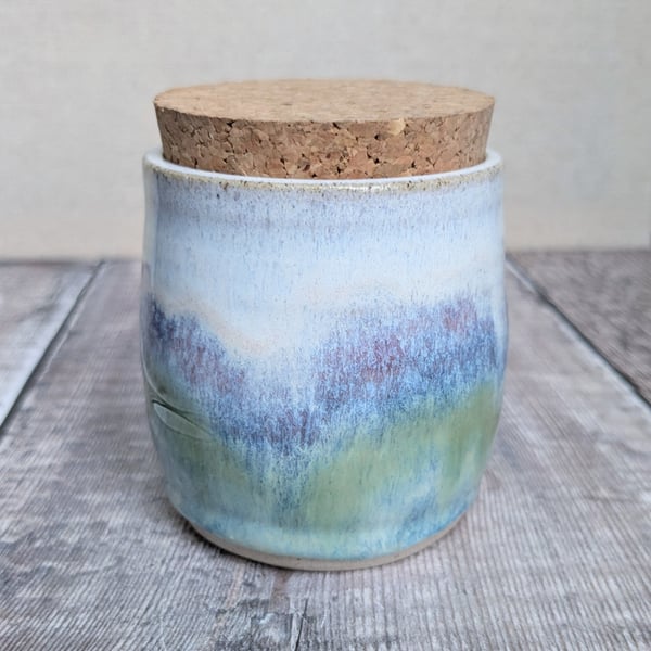Perfectly imperfect Ceramic pot with cork lid, blue green purple