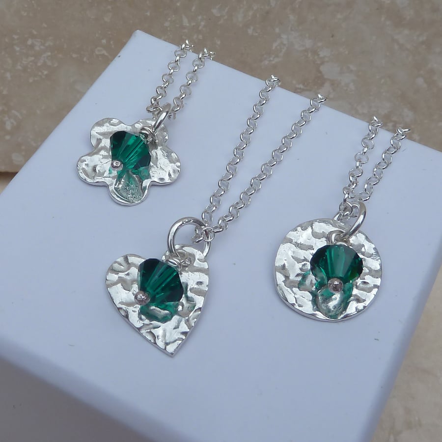 May Birthstone Necklace - Fine Silver Charm and Emerald Crystal Birthstone