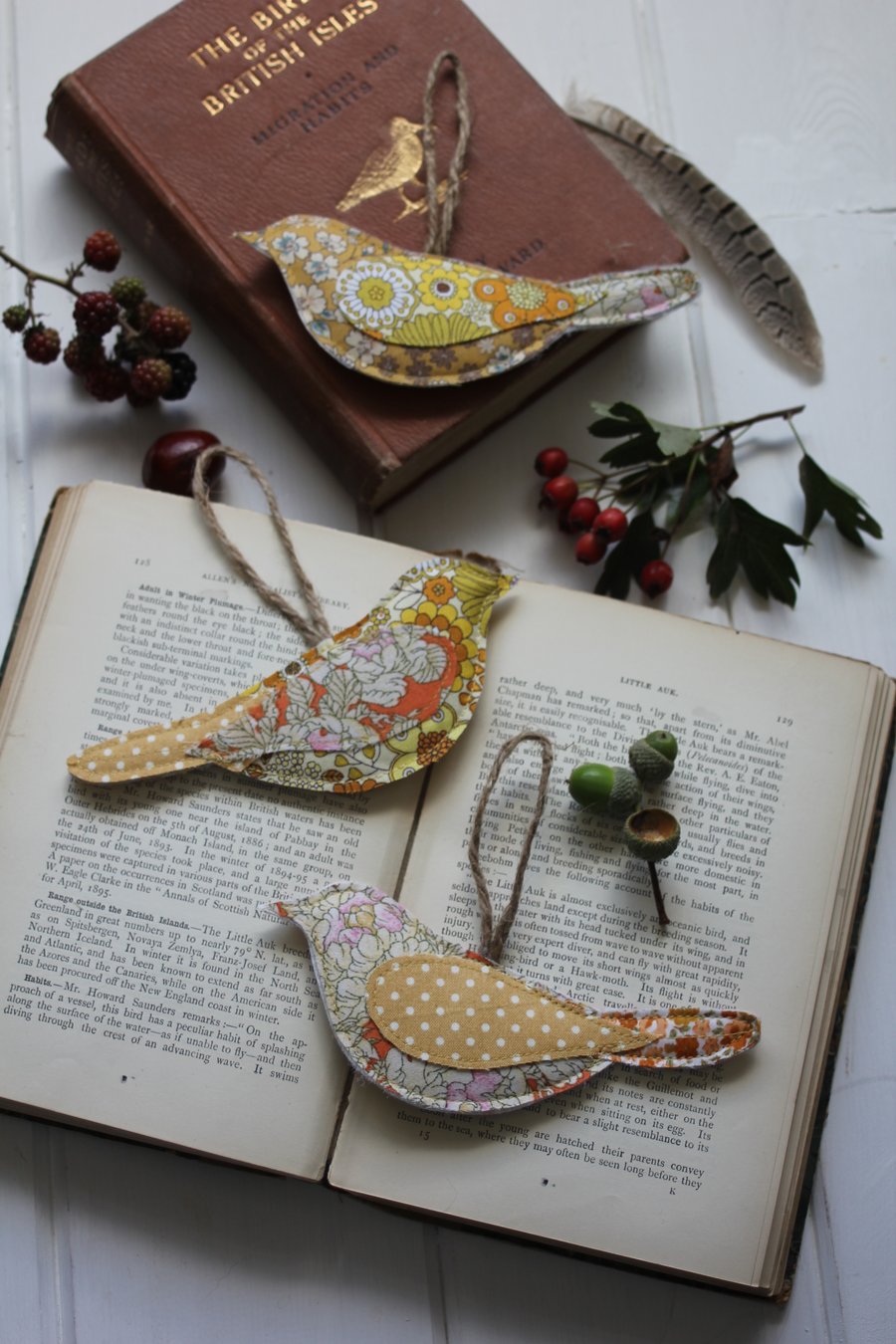 Recycled hanging fabric bird trio in Autumnal shades of yellow and orange 