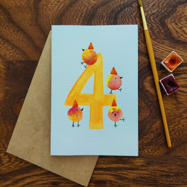 Personalised 4th Birthday Card, Handmade Kids Birthday Card, Colour Choice