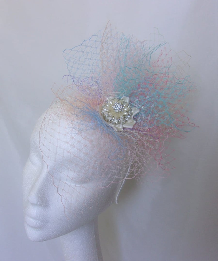 Pastel Rainbow Unique Veiling Net Fascinator Hat