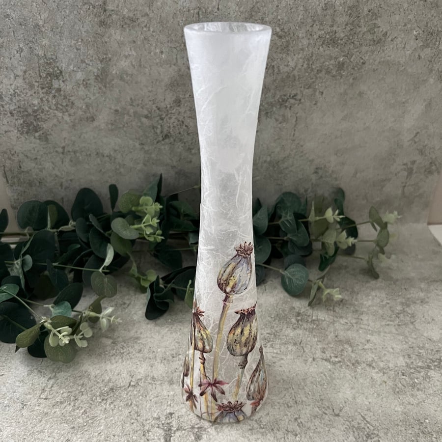 Decoupage Upcycled Tall Glass Vase -Seed Heads, Cottage Style, Rustic Home Decor