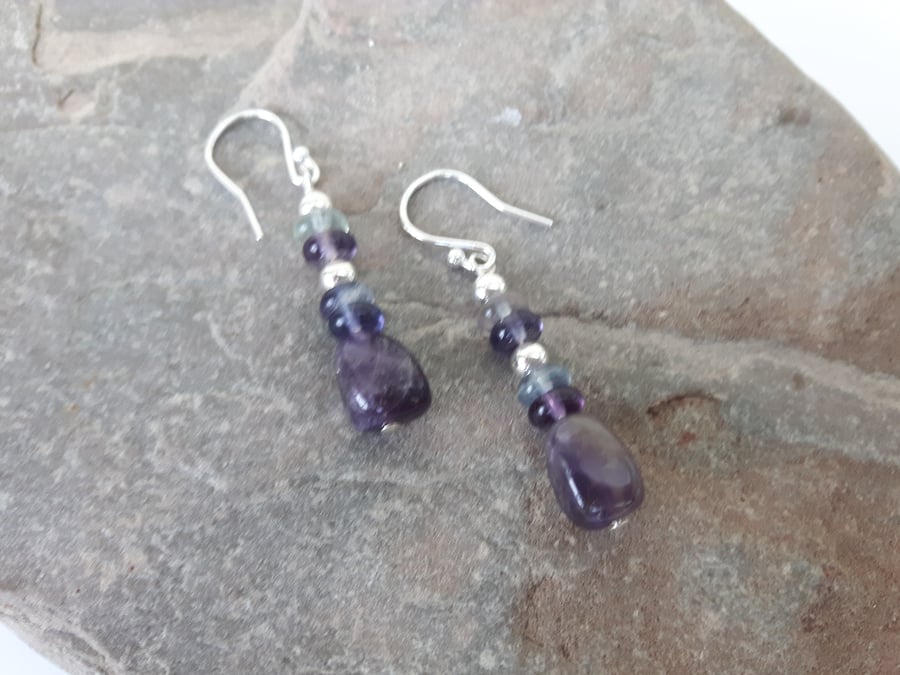 Sterling Silver Drop Earrings with Fluorite and  Amethyst - February Birthstone.