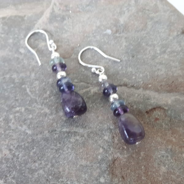 Sterling Silver Drop Earrings with Fluorite and  Amethyst - February Birthstone.