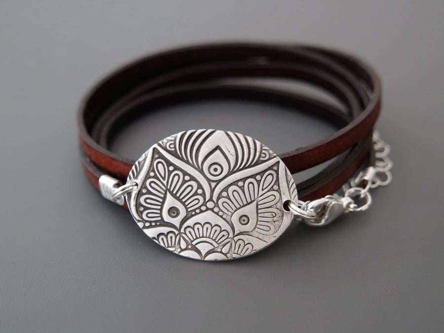 Owl Mandala Bracelet - Fine Silver Leather Wrap
