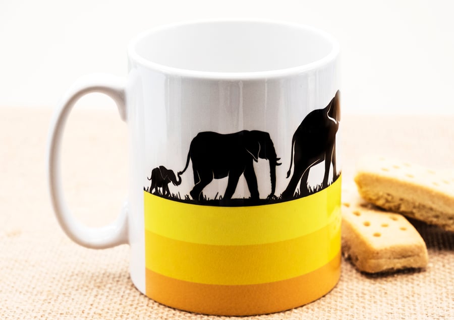 Elephant Family Coffee Mug with African Wild Animals Wildlife for Nature Lovers.