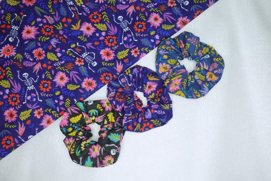 Halloween Scrunchies, Skeleton Scrunchies, Gothic Scrunchies Handmade