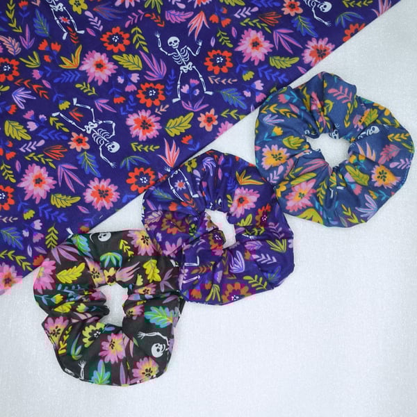 Halloween Scrunchies, Skeleton Scrunchies, Gothic Scrunchies Handmade