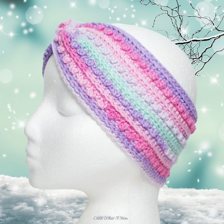 Crochet headband, ear warmer. Pink lilac and green crochet ear warmer. 