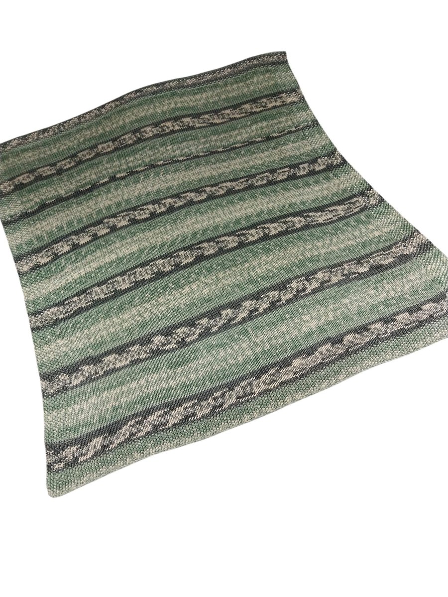 Hand Knitted Baby Blanket Sage Green Fair Isle Pram Blanket 30x33 inches