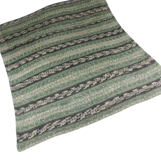 Hand Knitted Baby Blanket Sage Green Fair Isle Pram Blanket 30x33 inches