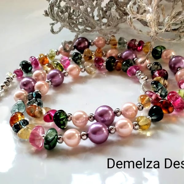 Multicoloured  Quartz Pebble & Shell Pearl Necklace Silver Plate