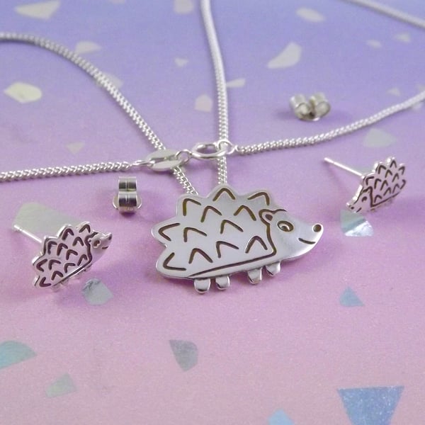 Hedgehog jewellery set - large pendant and stud earrings (sterling silver)