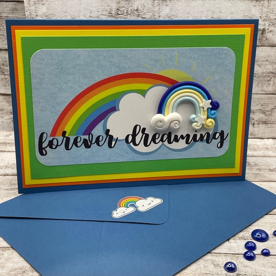 Somewhere over the rainbow cute card with Fimo rainbow