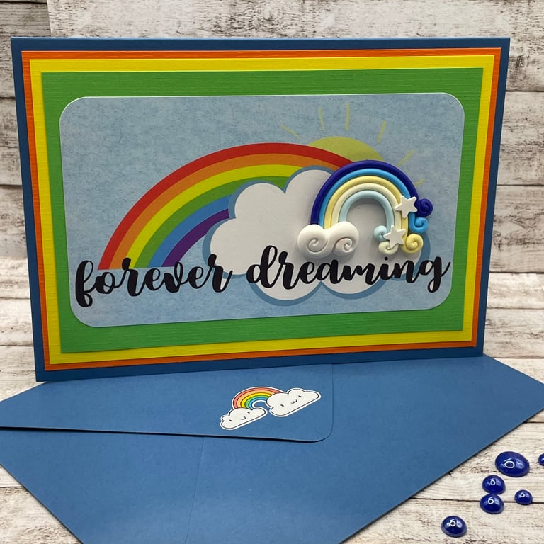 Somewhere over the rainbow cute card with Fimo rainbow