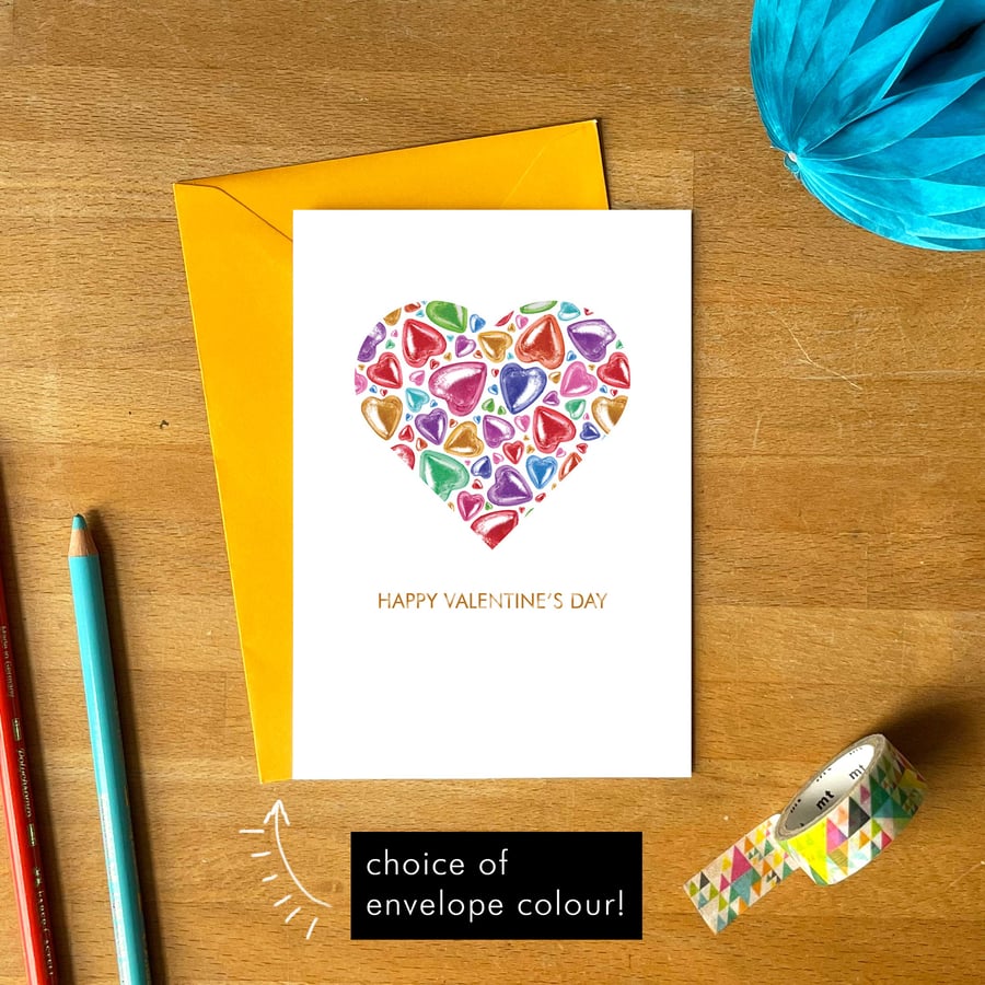 Valentine’s Day Card – Rainbow Chocolate Heart Design with Colourful Envelope 