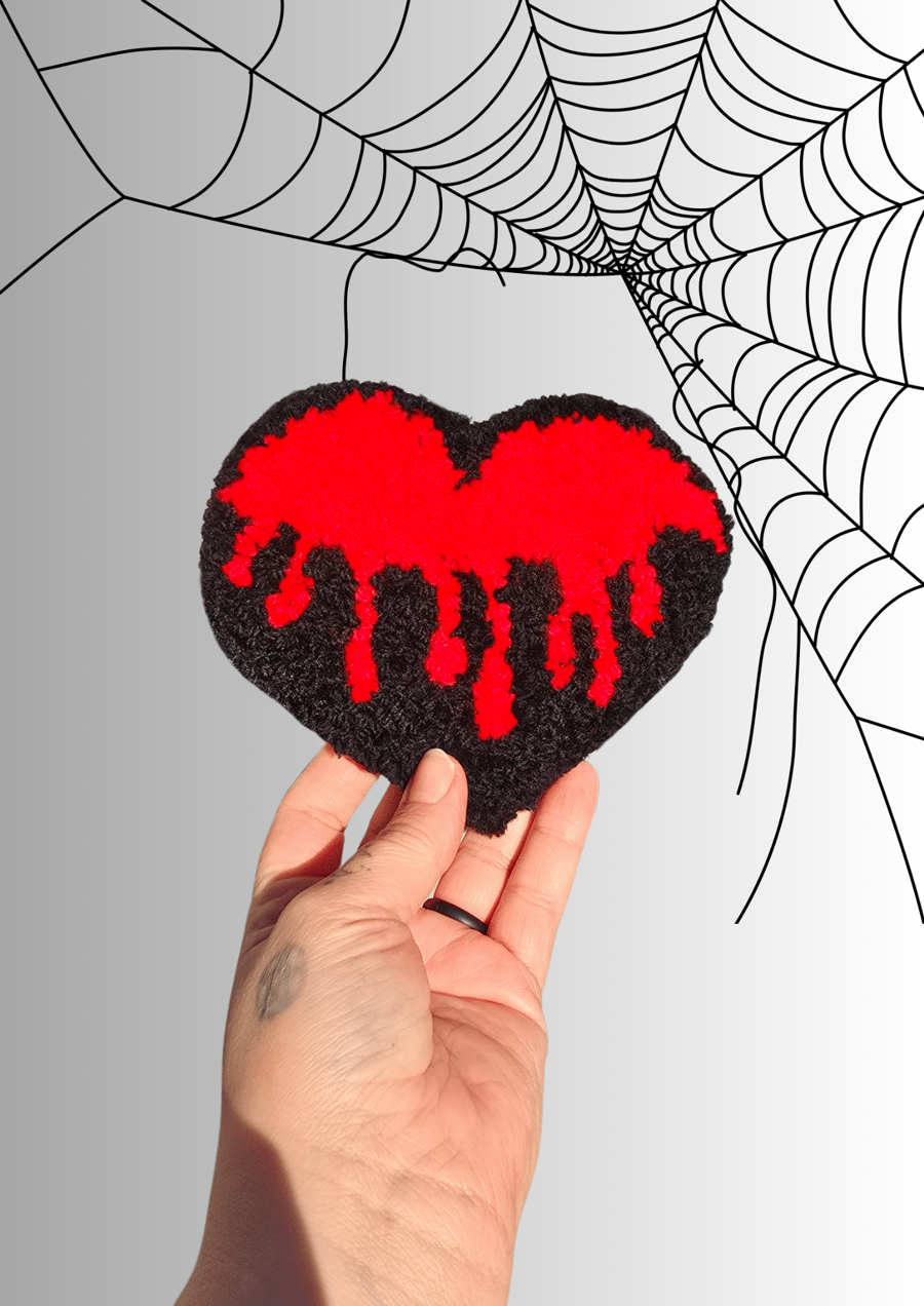 Punch Needle Bleeding Heart Red and Black Mug Rug or Desk Rug 