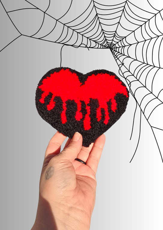 Punch Needle Bleeding Heart Red and Black Mug Rug or Desk Rug 