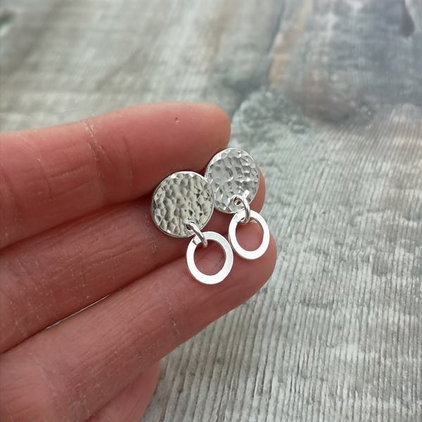 Sterling Silver Hammered Disc Stud Earrings with Hoops