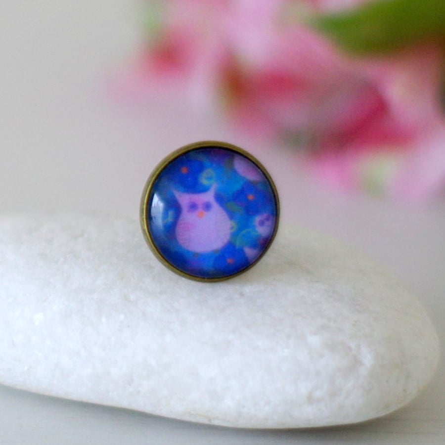 Owl Ring, Purple Ring, Bronze Adjustable Ring with Naive Art Print