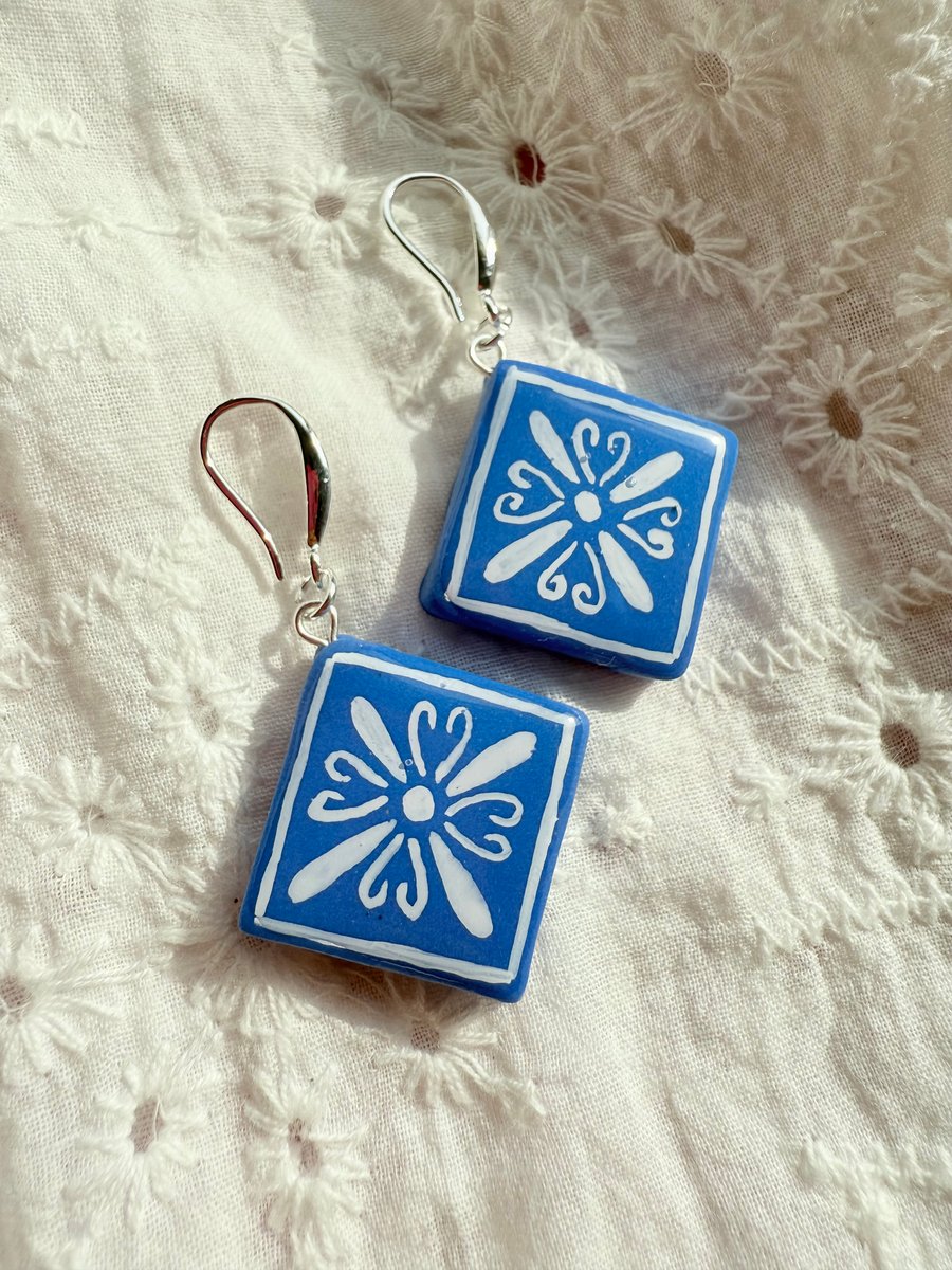 Blue Tile Earrings – Hand Painted Azulejo Inspired Jewelry with Silver Hooks